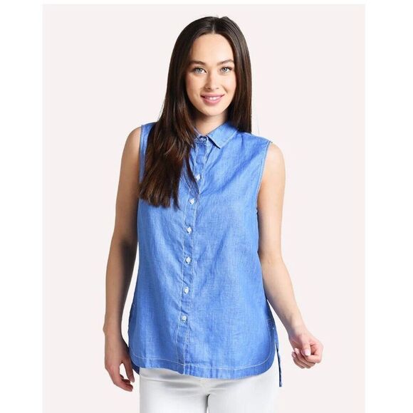 Tommy Bahama Women Sea Glass Breezer Top Blue 100% Linen Size Large Summer - Picture 11 of 12